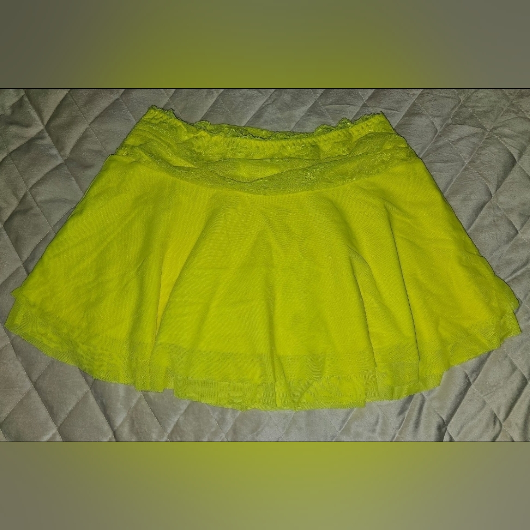 Brigth Yellow Neon Mesh Pleats Sheer Skirt Lace Waist Skorts Sheer Size L